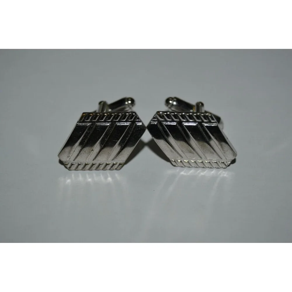 Vintage Geometric ANSON Striped Chrome Silver Mid Century Modern Cuff Links RARE